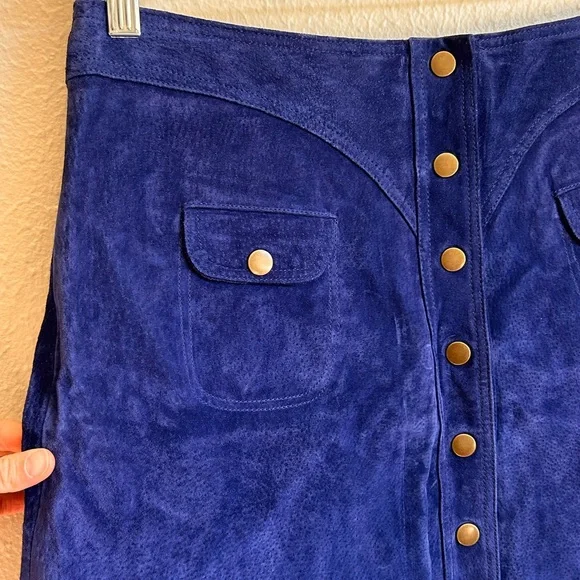 ANTHROPOLOGIE Suede Leather Vintage 70's Suede Button Mini Skirt Blue - Picture 4 of 6